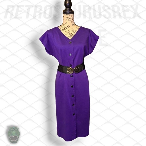 Vintage 1980's Grape Purple Rockabilly Twee Button Front / Back Secretary Dress - Picture 2 of 11